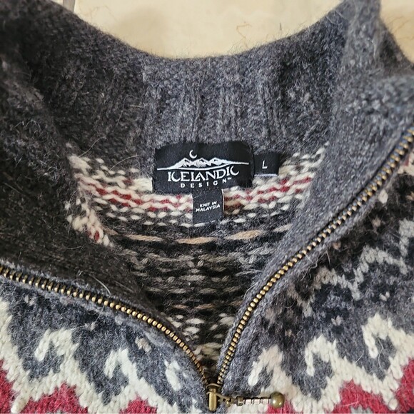 Icelandic Design L Quarter Zip Navy Gray Red Fair Isle 100% Cotton Sweater Fall - Picture 4 of 8